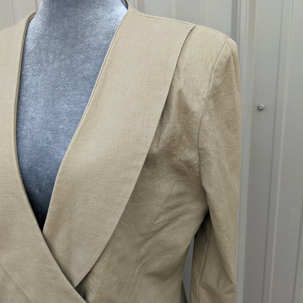 Vintage 90s Linen 2-Pc Pant Suit Set Sz 12 Khaki Wide Leg Shawl Collar Blazer - Picture 8 of 16